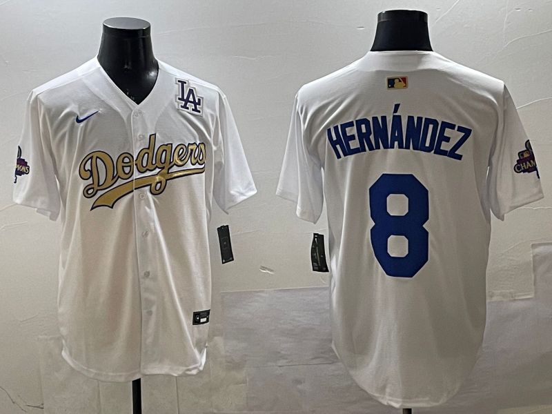 Men Los Angeles Dodgers 8 Hernandez White Champion gold character 2025 Nike MLB Jersey style 3315